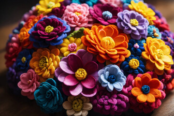 Colorful knitted dahlias flowers made yarn on wooden desk. Wool floral decoration. - 804409098