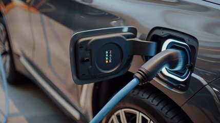 Close up of a hand plugging in an electric car charger into the vehicle.