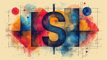Vibrant Dollar Sign Illustration with Geometric Shapes and Splashes