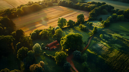 Tranquil Rural Retreats from Above: Perfect for Countryside Getaways and Rural Property Promotion - obrazy, fototapety, plakaty
