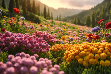 Highland field of colorful dahlias and poppies flowers. Floral landscape with limited depth of field and selctive foreground focus. - 804409431