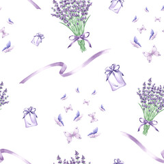 Lavender seamless pattern. Bouquet of purple flowers and ribbons. Watercolor hand drawn illustration background with floral plants stylized Template for fabrik, wallpaper, scrapbooking, tile, textile.