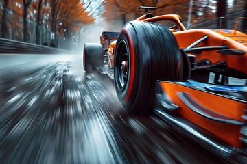 orange racing car driving fast on race track in nature close up