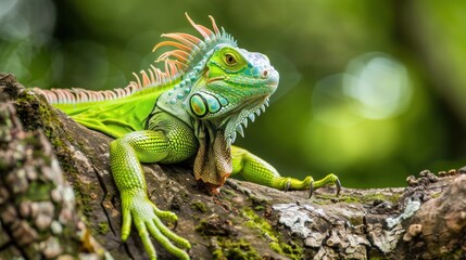 Closeup view of green iguana reptile animal in the nature wild forest. AI generated image