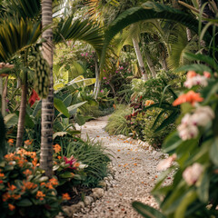 Fototapeta premium Serene Garden Pathway Surrounded by Lush Greenery and Vibrant Flowers