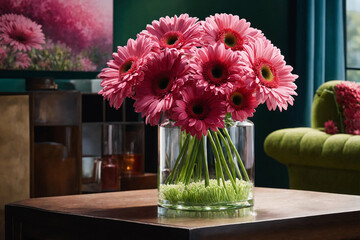 Fresh pink gerberas flowers in a glass pot on wooden table in home room - 804409678