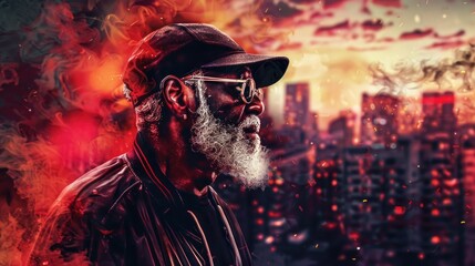 Trendy grandfather style with white beard at city background with red smoke. AI generated image