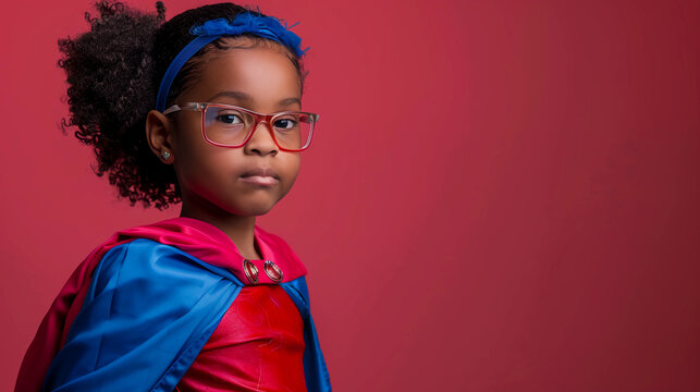 Young black girl in a superhero costume on a solid studio background