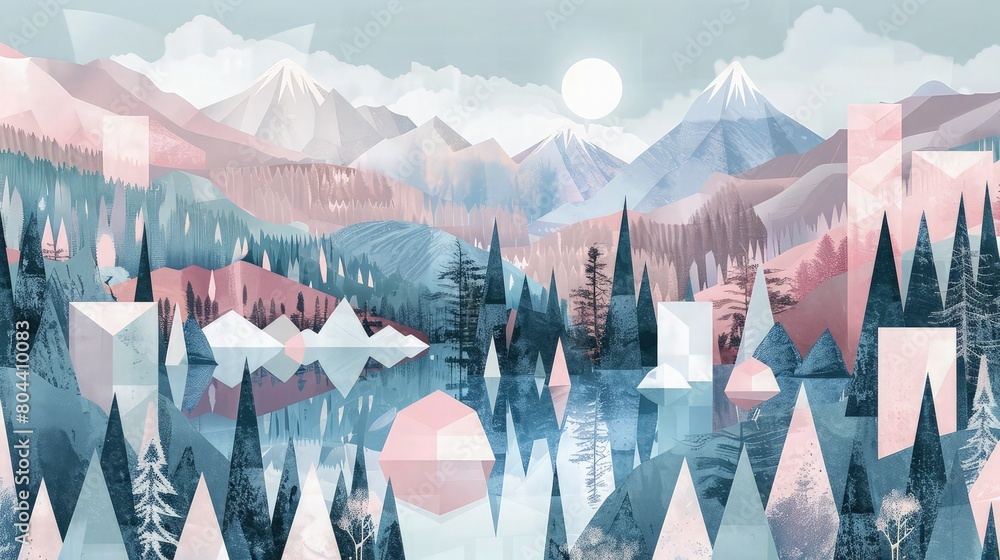 Poster a geometric layout featuring an array of irregular painting colorful mountains and vibrant trees wit