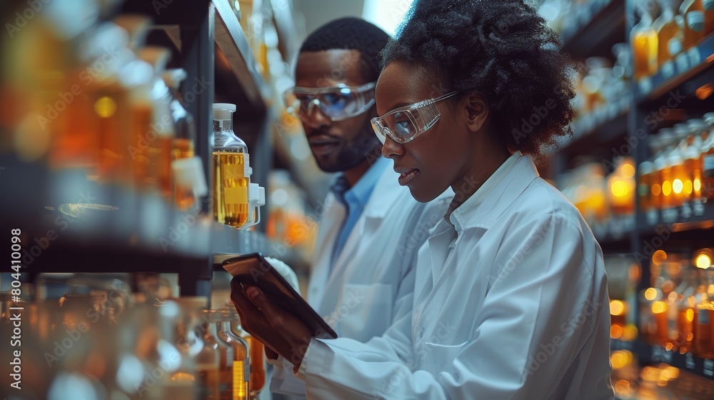 Poster modern medical research laboratory with two scientists analyzing data and performing experiments