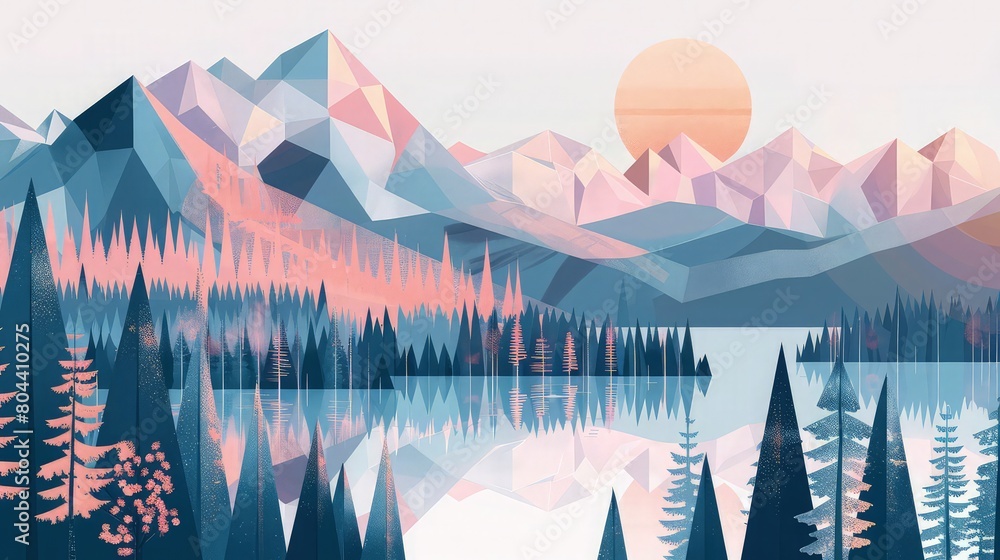 Poster a geometric layout featuring an array of irregular painting colorful mountains and vibrant trees wit