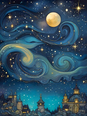 Landscape Starry Night Illustration Inspired Art