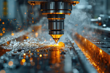 A closeup of an advanced machine tool with glowing orange lights and sparks flying. Created with Ai - obrazy, fototapety, plakaty