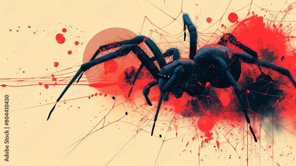 Poster stunning artistic representation of a spider on a web with abstract geometric shapes and vibrant red