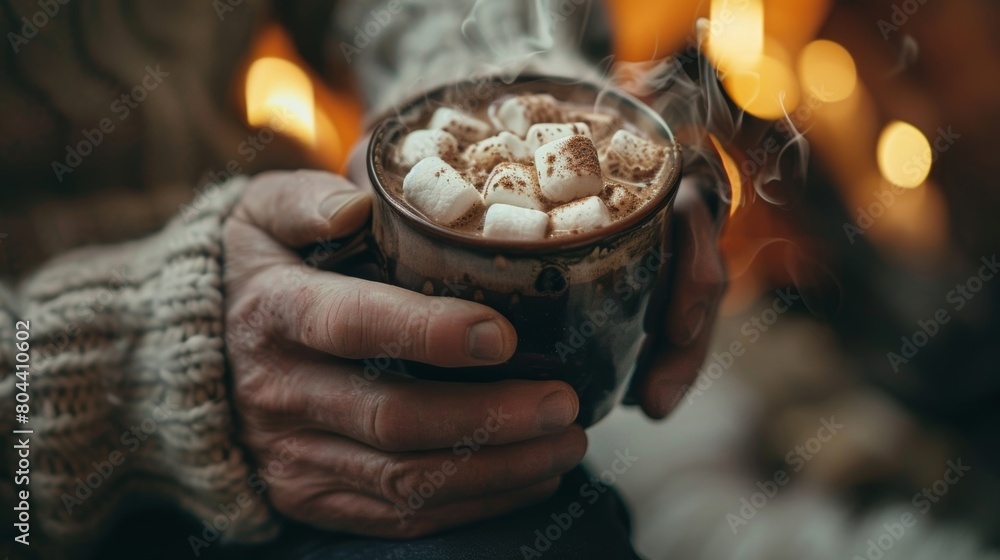 Poster a man indulging in a hot cup of cocoa topped with marshmallows and a sprinkle of cinnamon as he wind