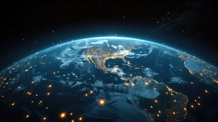 Obraz premium view of Earth from space showing an illuminated network of city lights