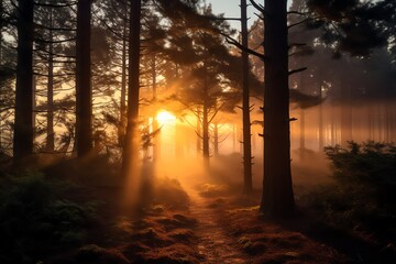 Dawn over a misty forest, sunlight filtering through trees, wide shot