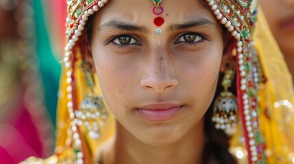 A detailed view of a woman face as she wears an intricate head piece, showcasing the intricate design and craftsmanship.