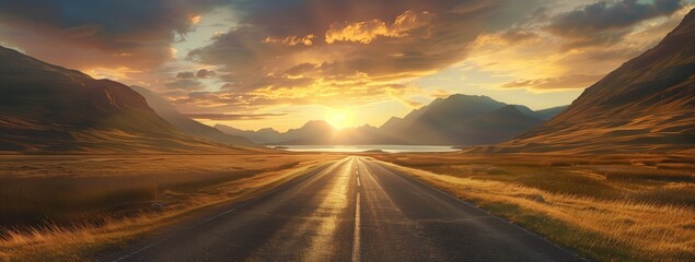 Asphalt road winding through mountainous natural landscape with sunset backdrop