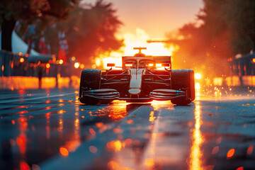 racing car driving fast on race track at sunset