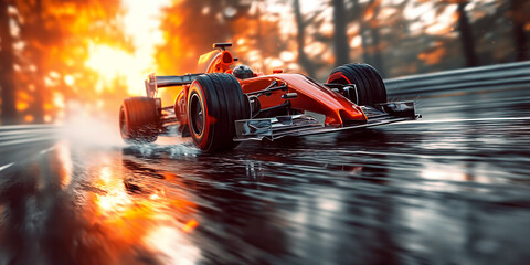 red racing car driving fast on race track in nature at sunset