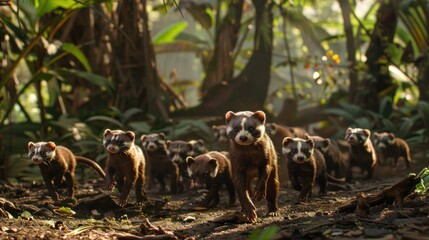 A wild flock of ferrets walking in a tropical forest. AI generated image