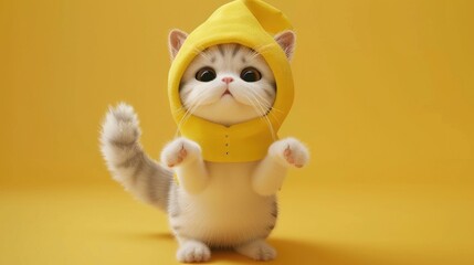 Cute character image of cute little white scottish fold cat with yellow chicken hood make a v sign AI generated