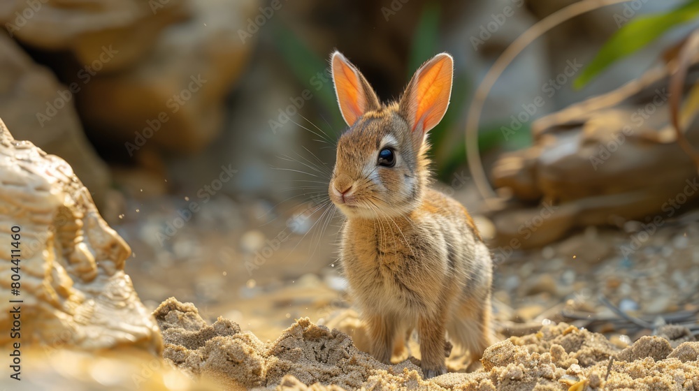 Wall mural Close-up of a Desert cottontail (Sylvilagus audubonii) digging in sand at a zoo; Omaha, Nebraska, United States of America Genrative AI