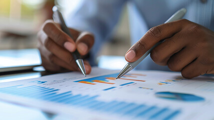 A close-up of hands holding a pen and pointing at a financial report discussing investment opportunities and risk management strategies indicating meticulous financial planning and decision-making.