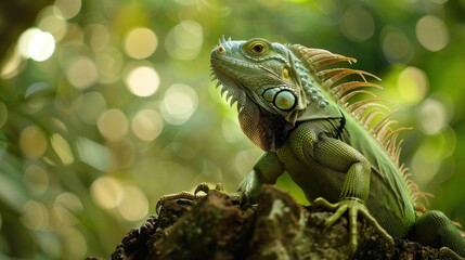 Closeup view of green iguana reptile animal in the nature wild forest. AI generated image