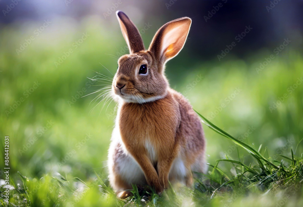 Wall mural 'grass cottontail day sitting springtime rabbit being alert eastern food nature easter animal green  - Wall murals
