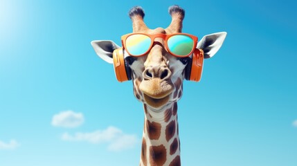 Giraffe With Sunglasses And Wearing Headphones Listening Music - Generative AI