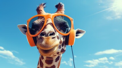 Giraffe With Sunglasses And Wearing Headphones Listening Music - Generative AI