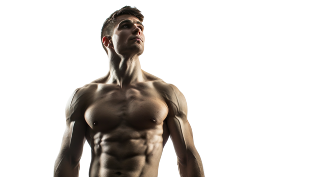 Skinny shirtless man isolated on white background.
