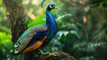 Blue bird peacock in the forest with beautiful and exotic feathers.AI generated image