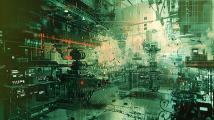 Design a dynamic digital glitch art piece featuring a wide-angle view of a robotics laboratory in chaos, with distorted elements hinting at a malfunction or cyber-attack, blending creativity with tech