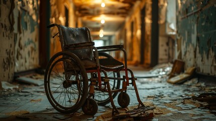 Abandoned Wheelchair in a Hospital Corridor Show an old, rusty wheelchair left in a decrepit hospital corridor with flickering lights - obrazy, fototapety, plakaty