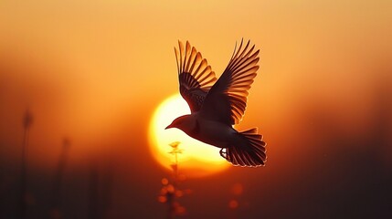 Obraz premium Bird Flying at Sunset Capture the silhouette of a single bird flying across the sunset