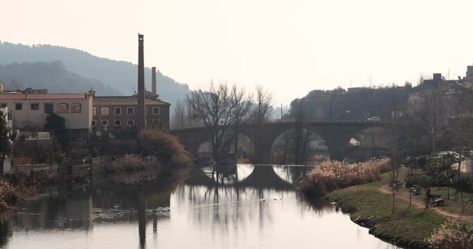 Sallent town in Catalonia. The river as it passes through an industrial town