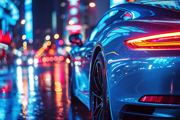 luxury blue modern sports car on road at night in the city. Taillight close-up