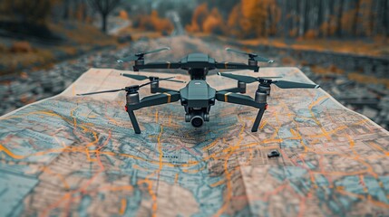 Drone and Aerial Photography Maps with Client Contracts Capture a drone set beside maps indicating locations for aerial photography, accompanied by client contracts