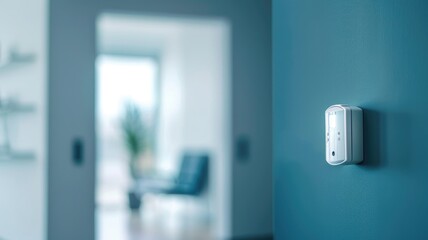 Naklejka premium White smart thermostat mounted on blue wall in modern home's interior