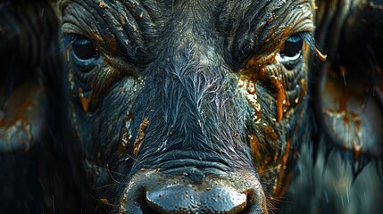 Close-up of Cape buffalo (Syncerus caffer) staring towards camera; Laikipia, Kenya Genrative AI