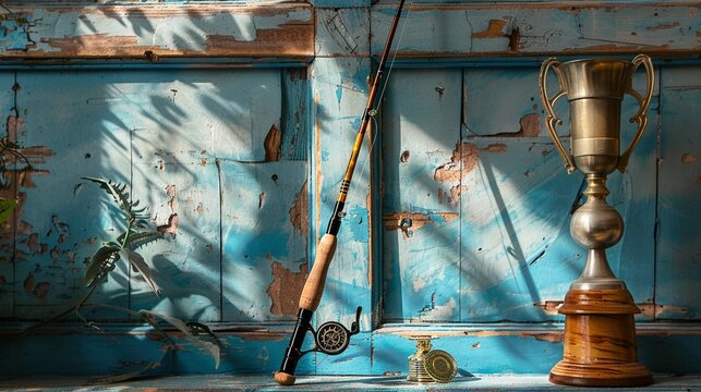 Fishing Rod Leaning Against a Wall with a Trophy Capture a simple fishing rod leaning against a wall next to a trophy or medal for a fishing competition