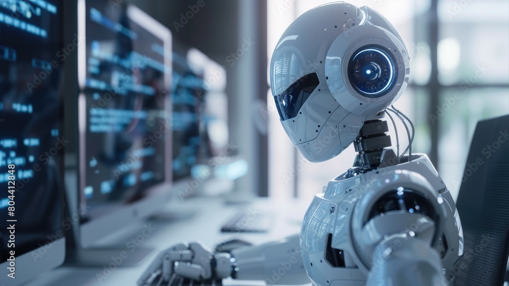Poster robot with humanoid head and torso facing monitor setup in high-tech room