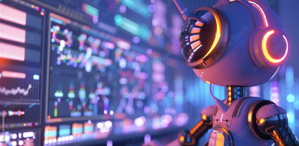 Poster futuristic robot with illuminated parts in front of control panel screens