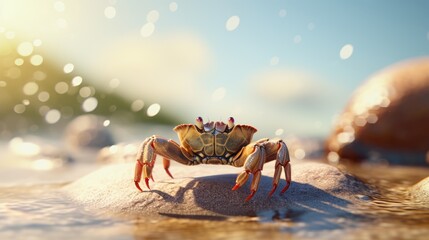 Crab On The River Beach Closeup Portrait Bokeh Blurred Background - Generative AI