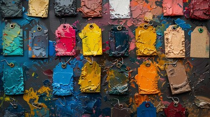 Painters Palette with Price Tags Photograph an artists palette where each color blob is tagged with a price, symbolizing the commercial value of artistic materials and colors
