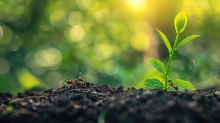 Ants near young plant sprouting from rich soil with sunlit bokeh background