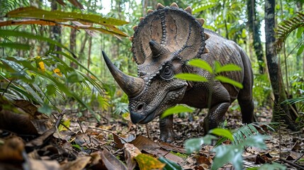 Obraz premium Triceratops Among Kapok Trees Show a Triceratops nestled among the giant kapok trees, its presence blending naturally with the ancient feel of these towering trees